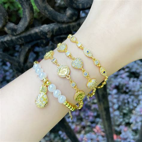 FLOLA Copper Gold Plated Beads Evil Eye Bracelets For Women Paved