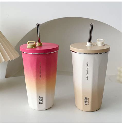 Tyeso Ml Coffee Cup Vacuum Flask Stainless Steel With Straw Keep Cold And Hot Car Thermos Mug