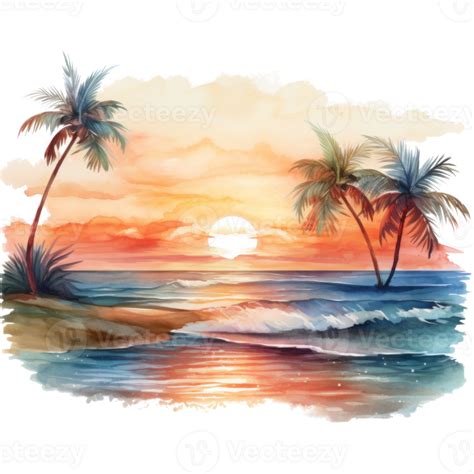 Sunset Summer Illustration Watercolor Style 46785595 Png