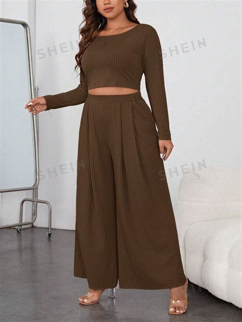 SHEIN Essnce Plus Solid Crop Tee Wide Leg Pants SHEIN USA