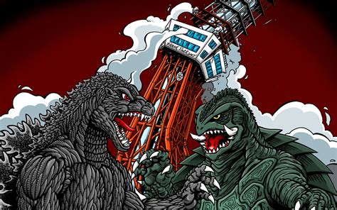 two godzillas are fighting in front of a ferris wheel