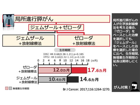 日本がん対策図鑑 【膵がん：化学放射線療法（os）】「カペシタビン＋放射線療法」vs「ゲムシタビン＋放射線療法」