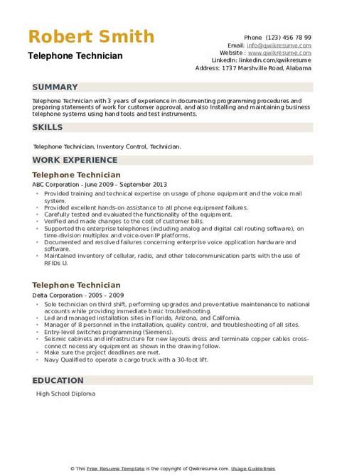 Telephone Technician Resume Samples | QwikResume