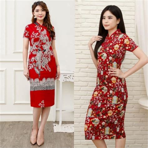 Jual Dress Batik Merah Baju Cheongsam Qipao Jibao China Kancing