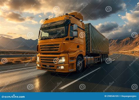 A Large Semi Truck Driving Down A Desert Road At Sunset European Truck