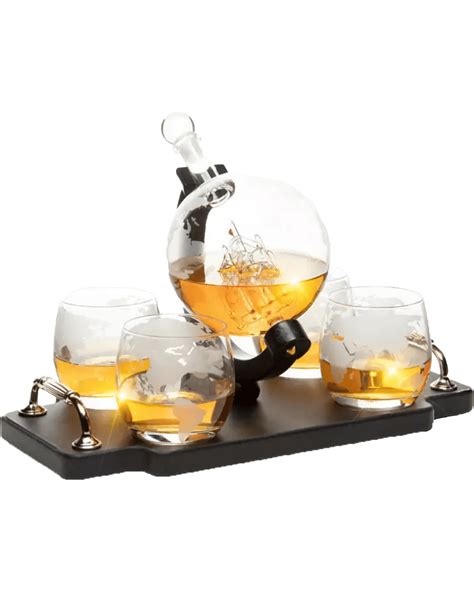 Buy Don Vassie Globe Decanter Set With 4 Glasses And Wooden Tray Base With Gold Handles 850ml