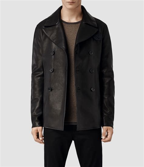 Lyst - Allsaints Piper Leather Peacoat in Black for Men