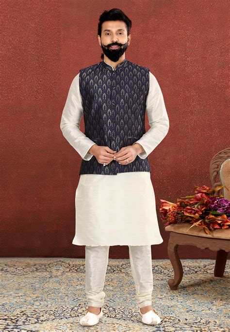 White Dupion Silk Kurta Pajama With Jacket