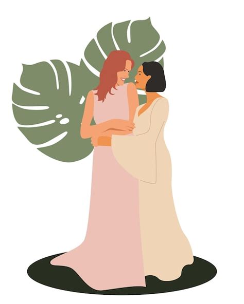 Premium Vector Wedding Of Two Lesbian Women In Wedding Dress On A Background Of Palm Trees