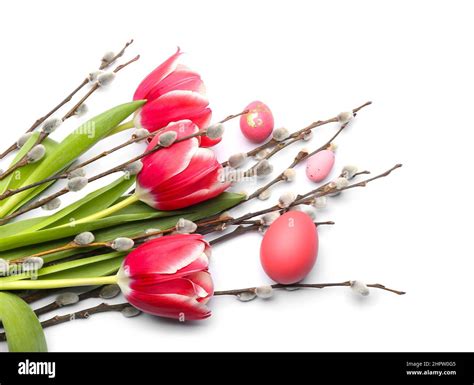 Painted Easter Eggs Tulip Flowers And Pussy Willow Branches On White Background Stock Photo Alamy