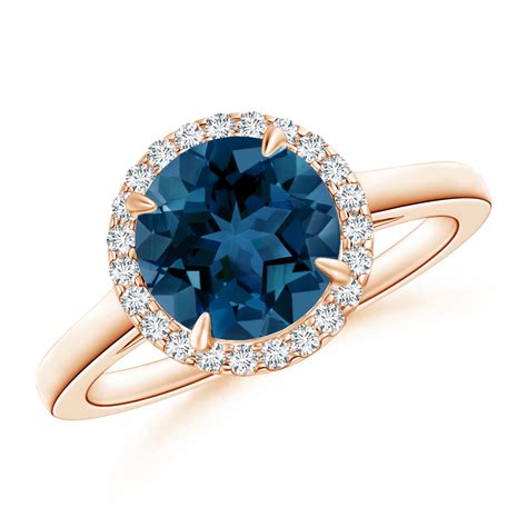 Round London Blue Topaz Cathedral Ring With Diamond Halo Angara