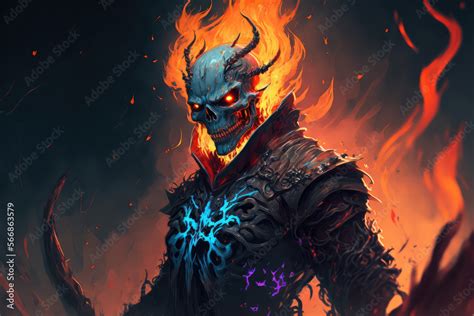 Illustration Painting Of Horror Character Of Demon Skeleton With Fire