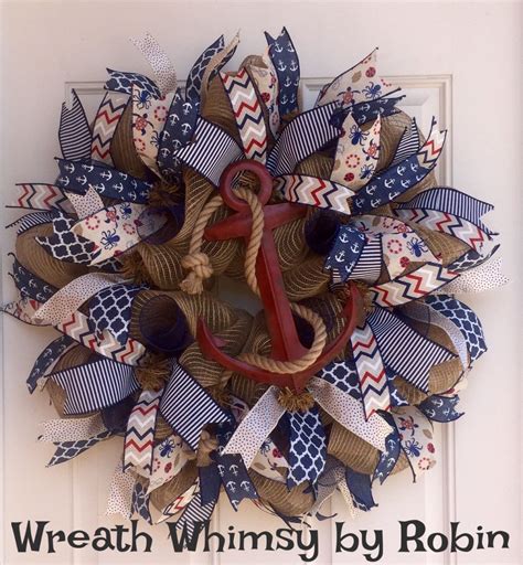 Deco Mesh Nautical Anchor Wreath In Navy Red And White Beach Etsy