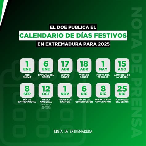 Calendario de días festivos en Extremadura para el año 2025 Excmo