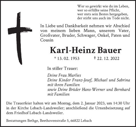 Traueranzeigen Von Karl Heinz Bauer Saarbruecker Zeitung Trauer De