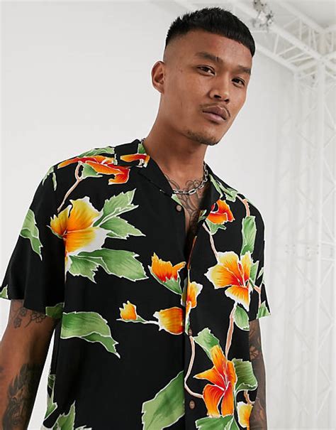 Asos Design Relaxed Fit Revere Shirt In Large Scale Black And Yellow