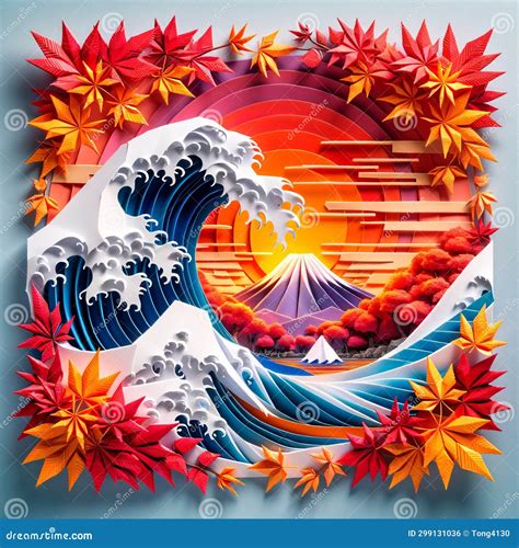 Single Wave Origami Art At Mount Fuji Sunset Stock Illustration