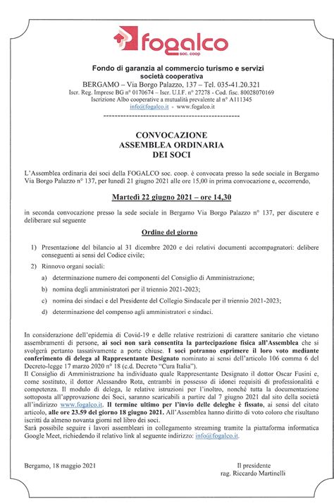 Convocazione Assemblea Ordinaria Dei Soci Fogalco Bergamo