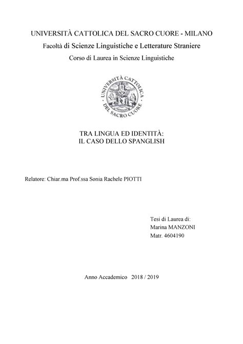 Tesi di Laurea triennale TRA Lingua ED I UNIVERSITÀ CATTOLICA DEL