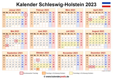 Kalender 2023 Schleswig Holstein Ferien Feiertage Word Vorlagen