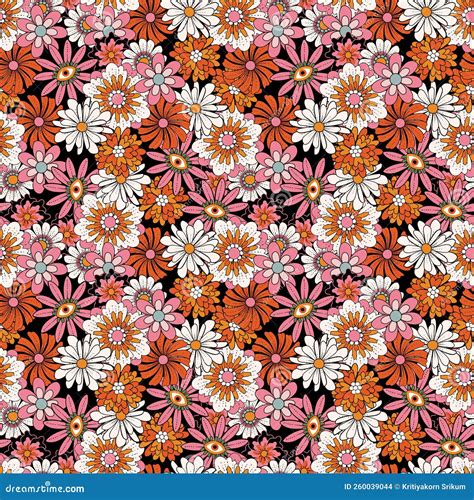 Retro Groovy Flowers Seamless Pattern Hand Drawn Vector