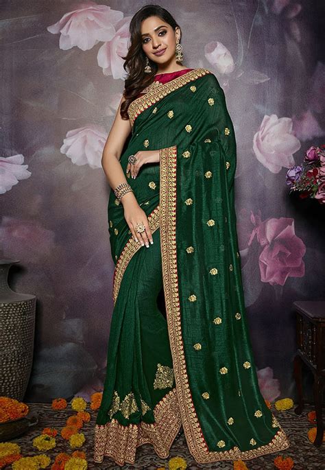 Green Silk Embroidered Festival Wear Saree 801