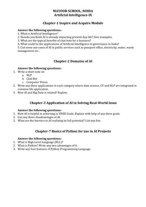 Ai Class Ix Chapter Wise Questions Mayoor School Noida Artificial Intelligence Ix Chapter 1