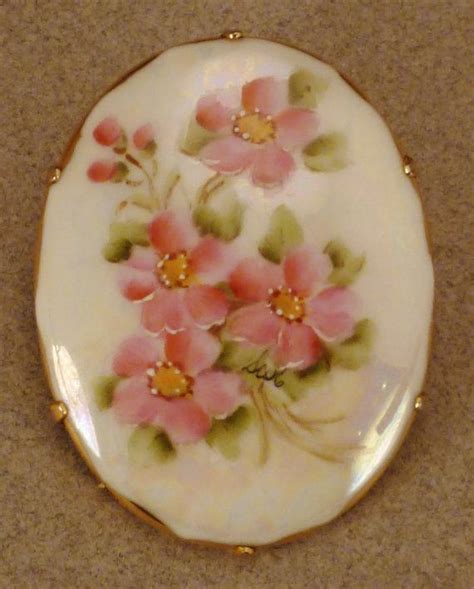 Limoges Peint La Main Broche Porcelaine Rose Fleurs Sign X