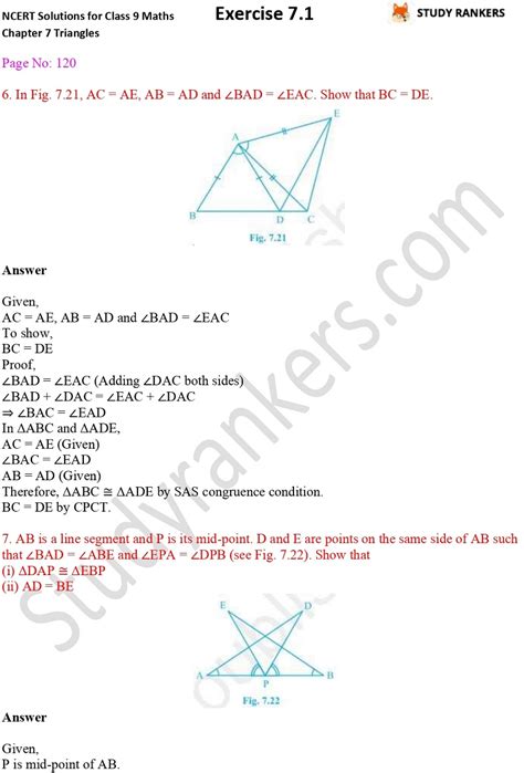 Ncert Solutions For Class 9 Maths Chapter 7 Triangles Exercise 7 1