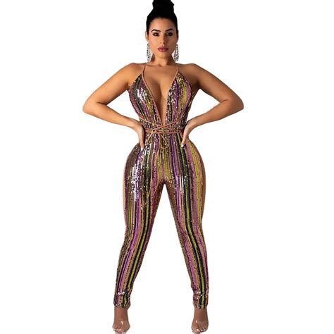 Sexy Colorful Sequin Christmas Bodycon Jumpsuit Women Sleeveless Halter