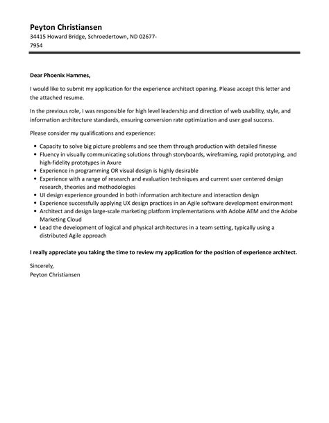 Experience Architect Cover Letter | Velvet Jobs