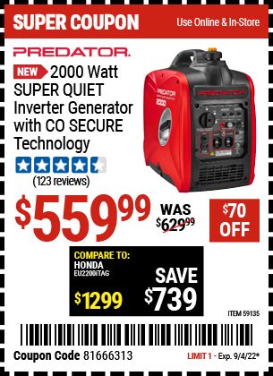 PREDATOR 2000 Watt Super Quiet Inverter Generator With CO SECURE