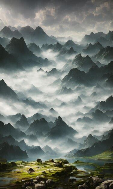 Premium Photo | A wallpaper with mountains and clouds in the background.