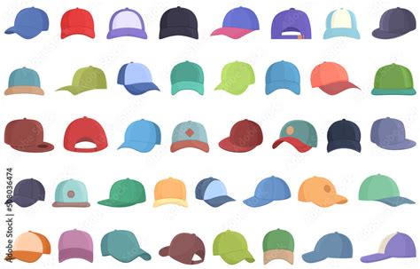 Cap Icons Set Cartoon Vector Baseball Hat Sport Head Stock Vector