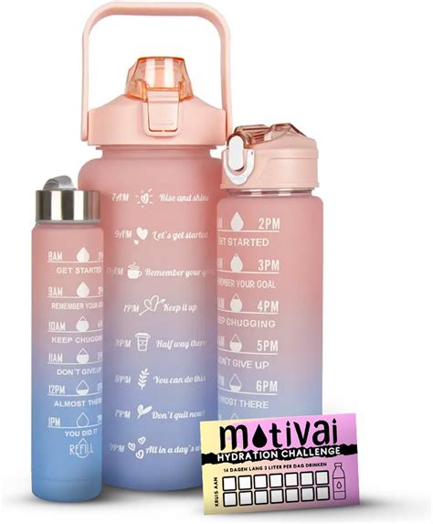 3 In 1 Set Motivai Motivatie Waterfles Roze Blauw 3 Delige Set