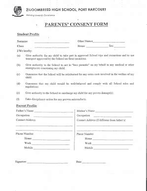 Fillable Online Parents Consent Form Bloombreed High School Fax