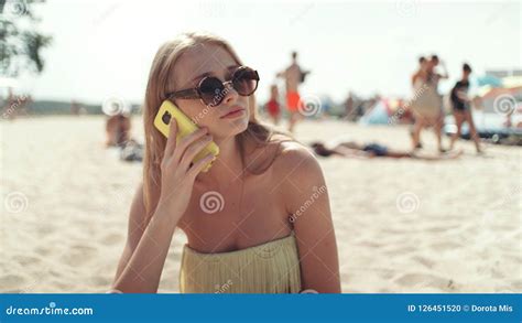 Pretty Woman In Bikini Talking On Phone At Beach Stock Photo Image