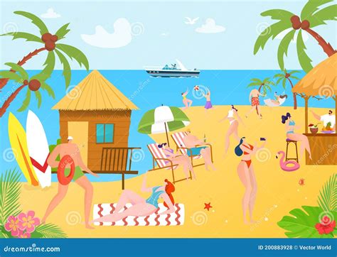 Recorrido De Playa Para Ilustración De Vector De Personas Vacaciones