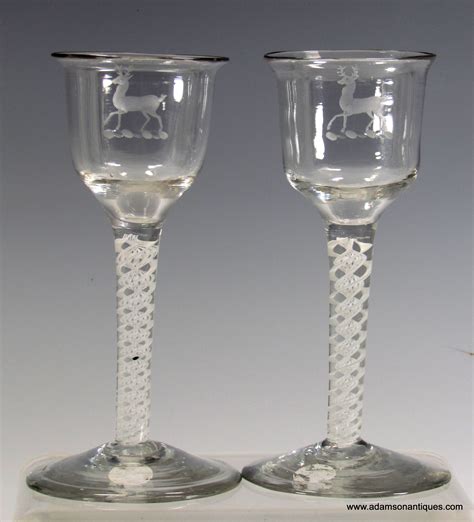 Adamson Antiques Engraved Pair Of Opaque Twist Wine Glasses