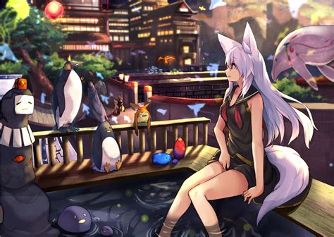 Aliasing Animal Animal Ears Bird Breasts Building Cleavage Foxgirl Haik