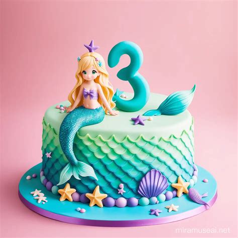 Mermaid Birthday Cake With Blonde Girl And Number 3 Muse Ai