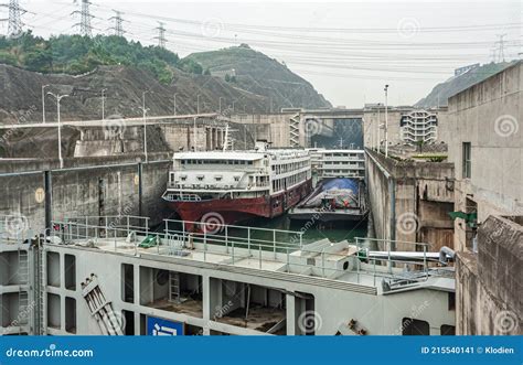 Ferry And Boat Inside Locks Of Ship Lift At Three Gorges Dam China