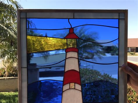 Atlantic Ocean Lighthouse Leaded Stained Glass Window Panel