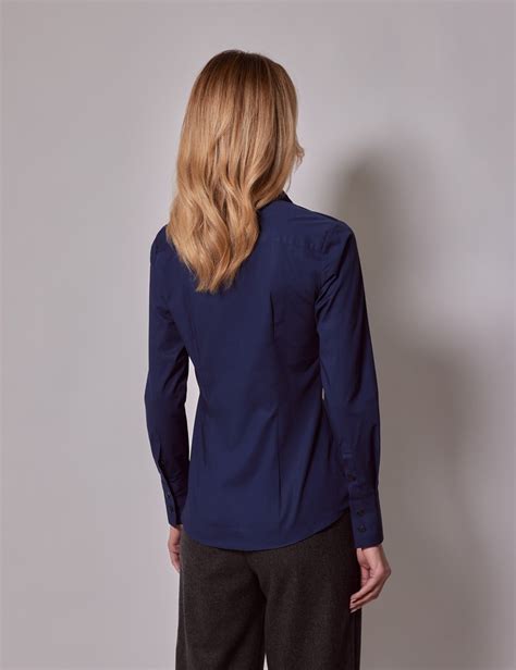 Stretch Bluse Slim Fit Verdeckte Knopfleiste Navy Hawes Curtis