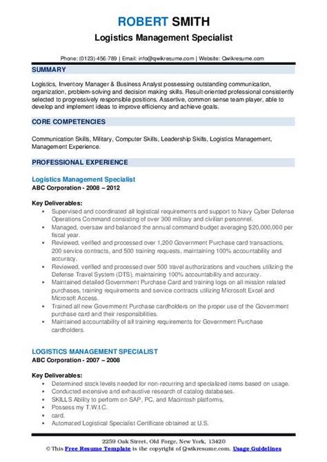 Logistics Management Specialist Resume Samples Qwikresume