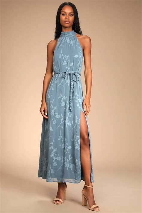 Slate Blue Jacquard Dress Halter Maxi Dress Belted Dress Lulus