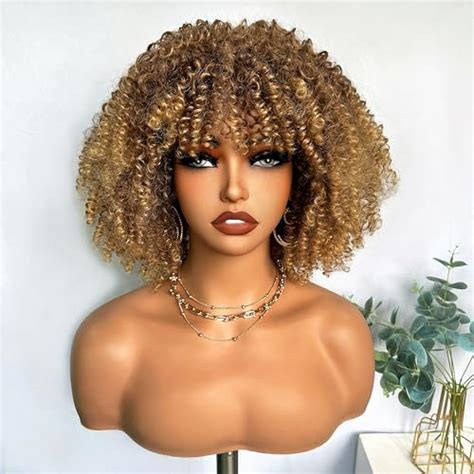 Soku Afro Short Wigs For Black Women Blonde Kinky Curly Wig With Bangs 10 Inch Heat