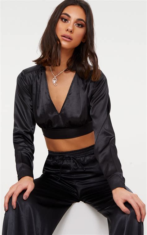 Black Satin V Neck Long Sleeve Crop Top Prettylittlething Usa