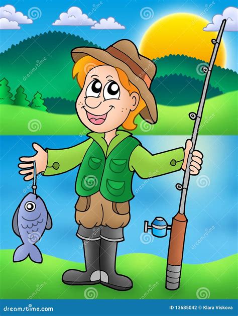 Cartoon Fisherman With Fish Stock Illustration Illustration Of