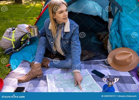 Blonde Cute Female Traveler Sitting Near The Tent In The Forest Stock Image Image Of Nature